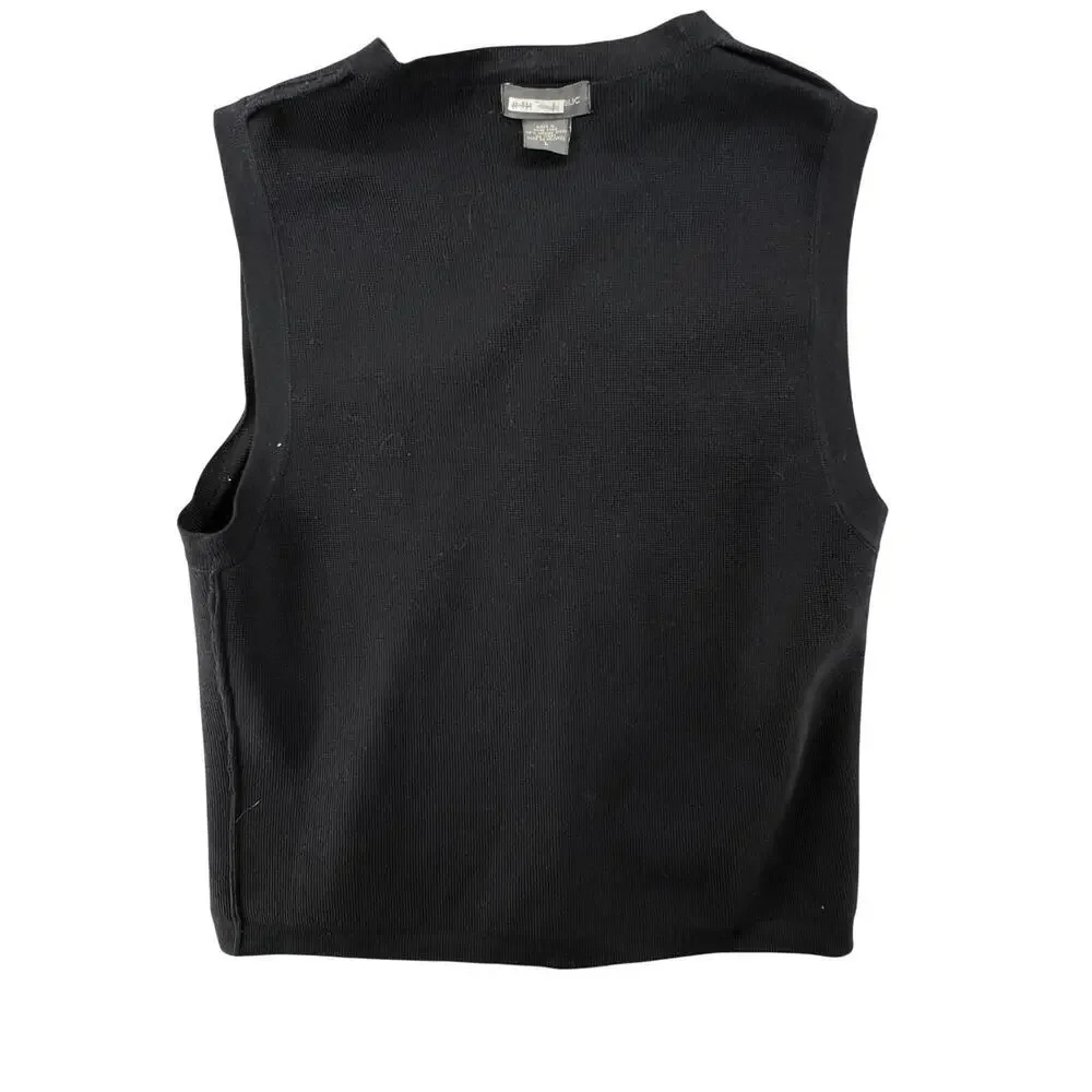 Vintage Merino Wool Zip Vest Black Minimalist Knit Sleeveless L